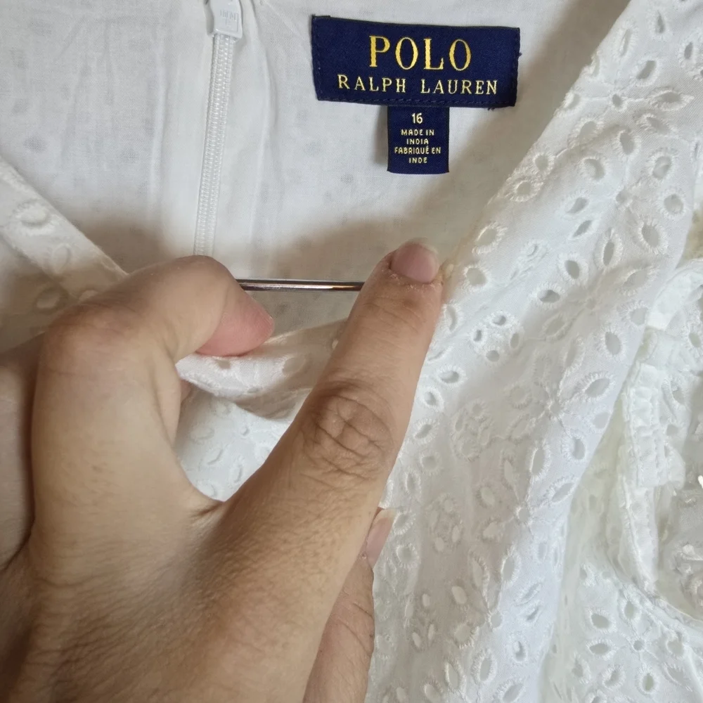 Polo Ralph Lauren Girls' Eyelet Ruffle Gingham Cotton Madras Dress Size 16
